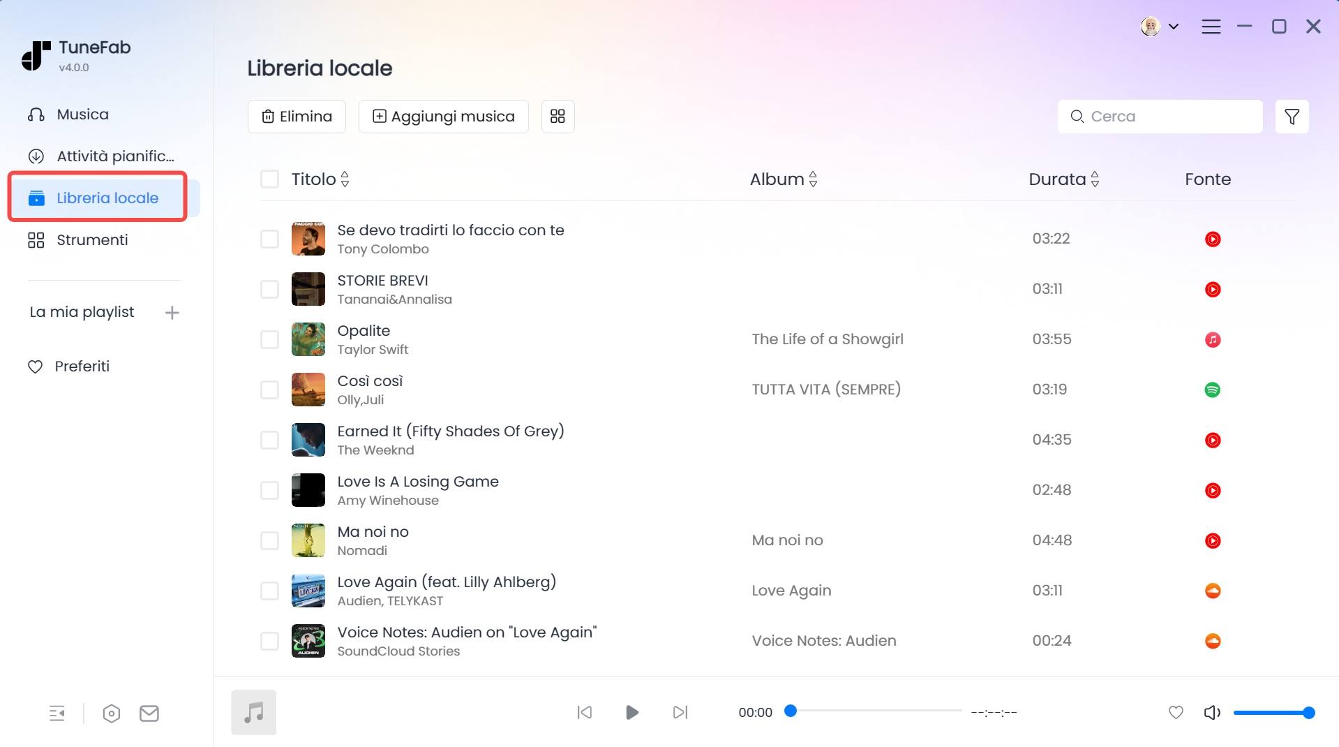 Ascolta i brani finiti con il lettore integrato