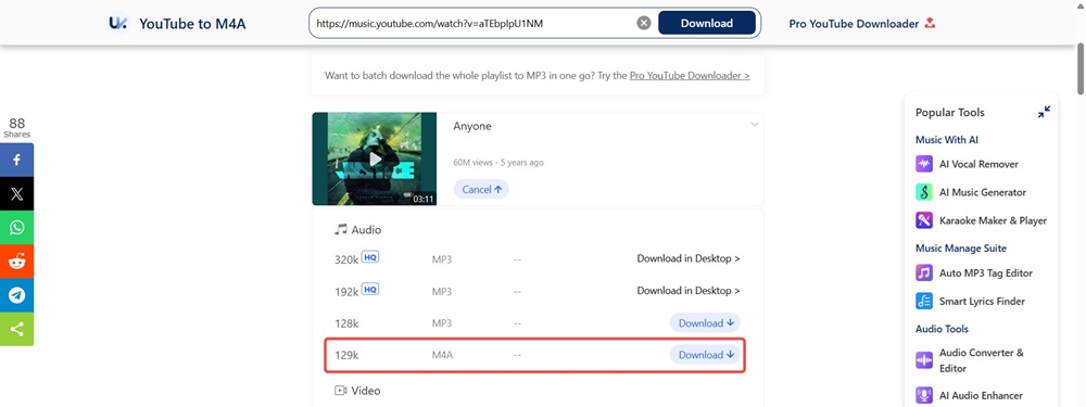 Download YouTube to M4A with AnyUkit