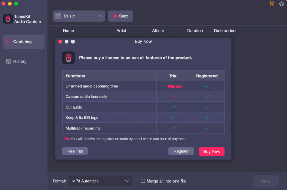 TunesKit Free Trial Limits Window