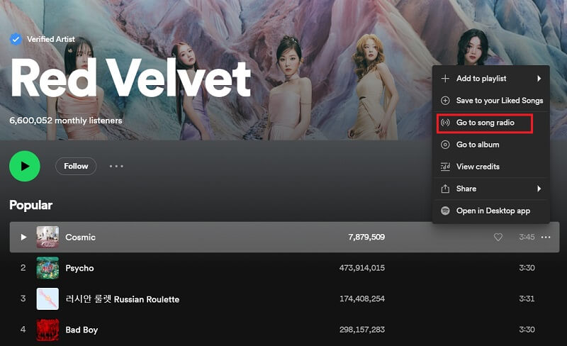 Go to Song Radio on Spotify