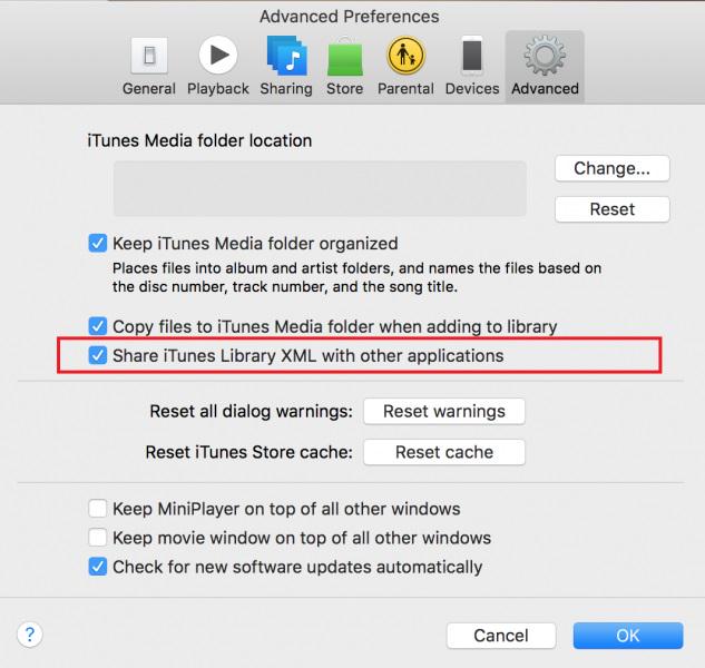 iTunes Library XML Shared Option Enabled