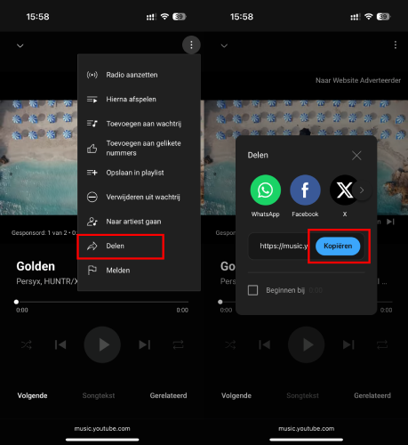 Kopieer de link op YouTube Music Web Player