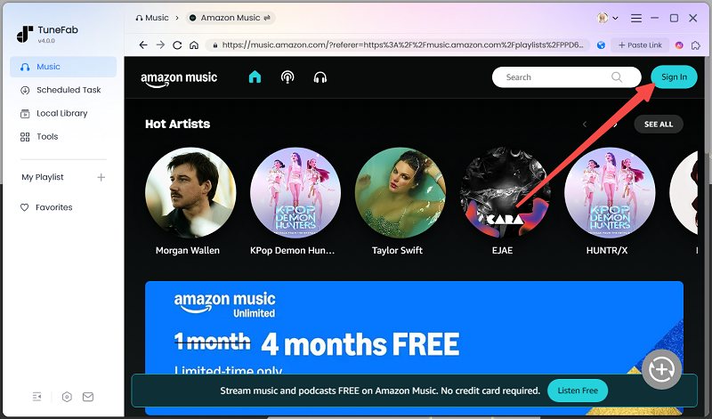 Log in Built-in Amazon Music Player