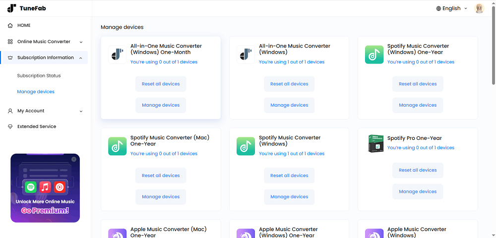 Manage Devices for TuneFab Plans