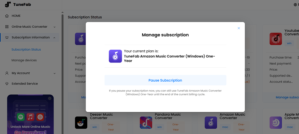 Manage TuneFab Subscriptions