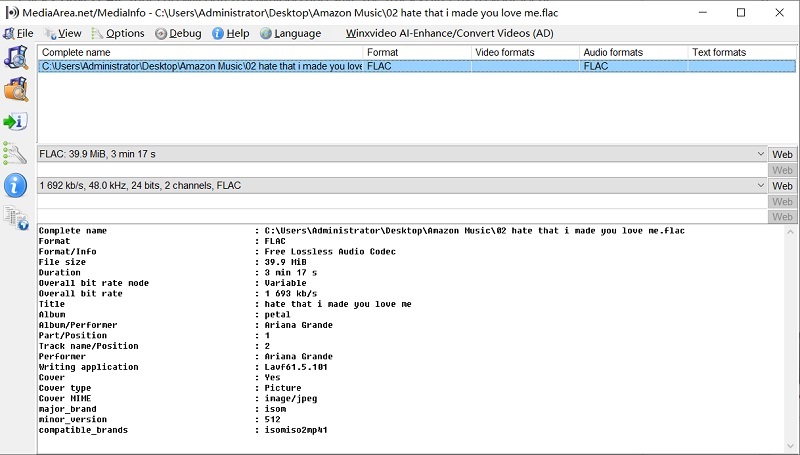 MediaInfo Check on Exported Amazon Music HD