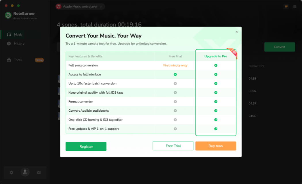 NoteBurner Purchase Prompt Appears Before Conversion