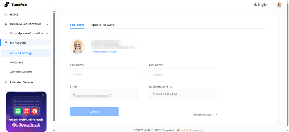 Change Personal Information on TuneFab Account Center