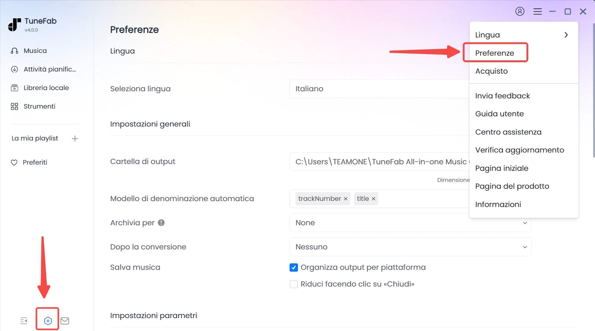Scegli la cartella di output da convertire