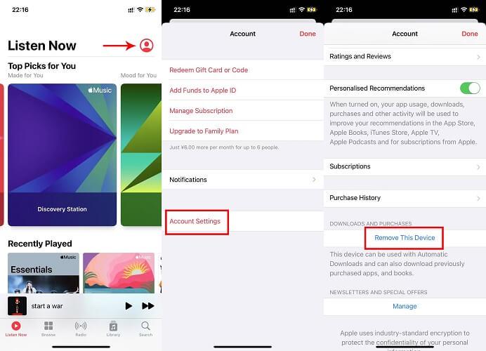 Remove iPhone from Apple Music Account Settings
