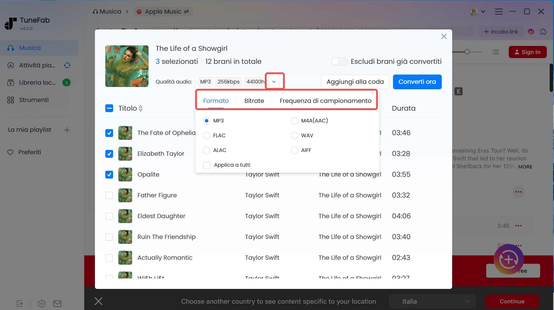 Personalizza le impostazioni di output audio