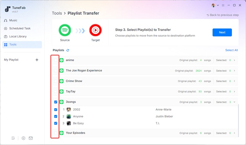 Select Playlist to Transfer