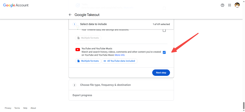 Select YouTube and YouTube Music to Export Data