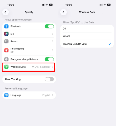 Setting Spotify mobile data access on iPhone