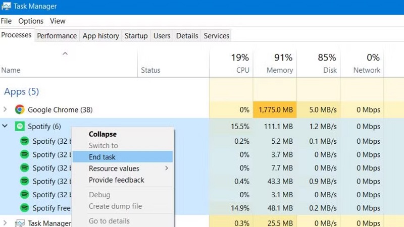 Spotify geforceerd afsluiten op Windows