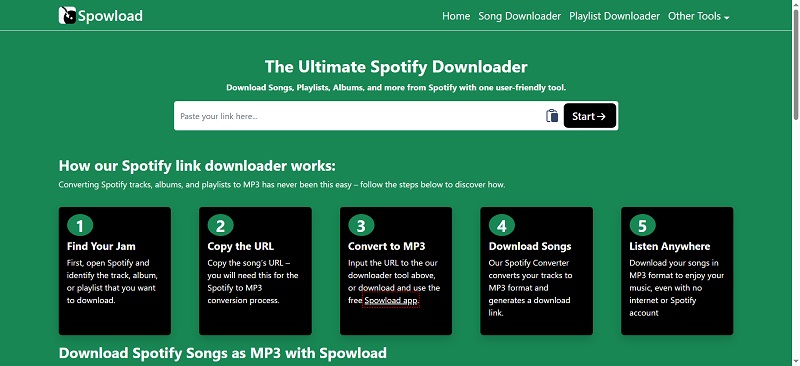 Interfaz del descargador de Spotify de Spowload