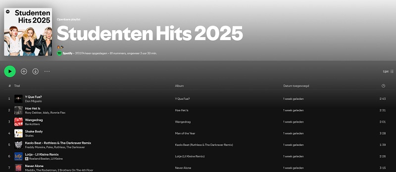 Studenten Hits 2025 Spotify-afspeellijst