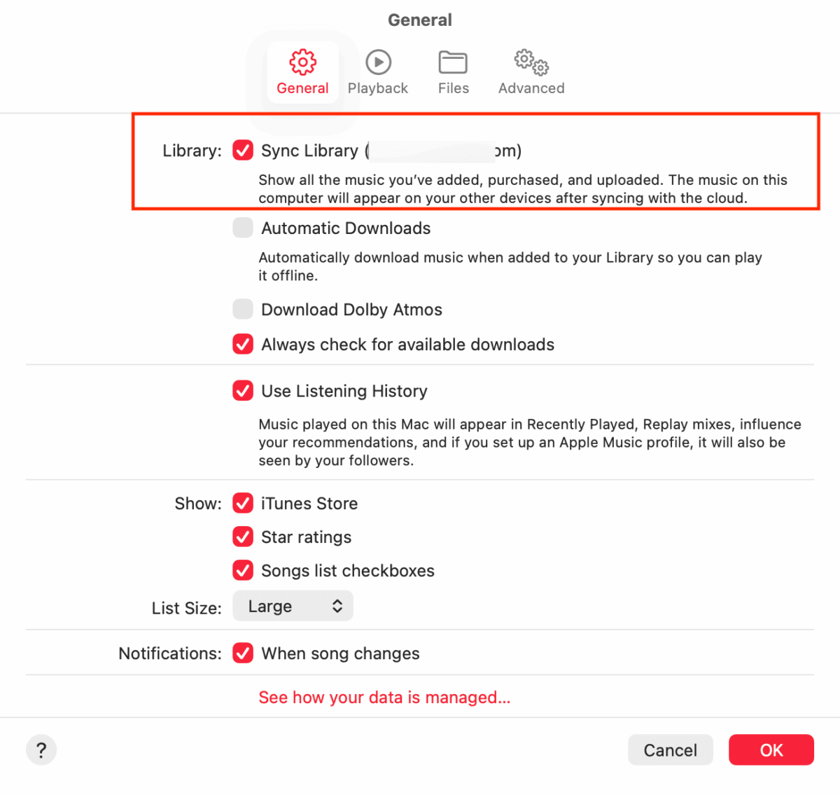 Sync Library in Mac Music App Settings