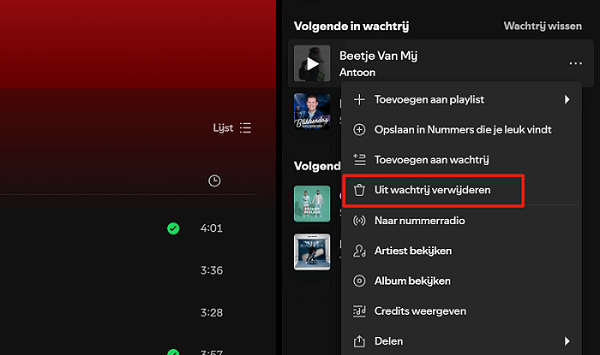 Een nummer uit de Spotify-wachtrij verwijderen op PC