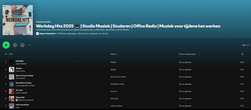Werkdag hits 2025 Spotify-afspeellijst