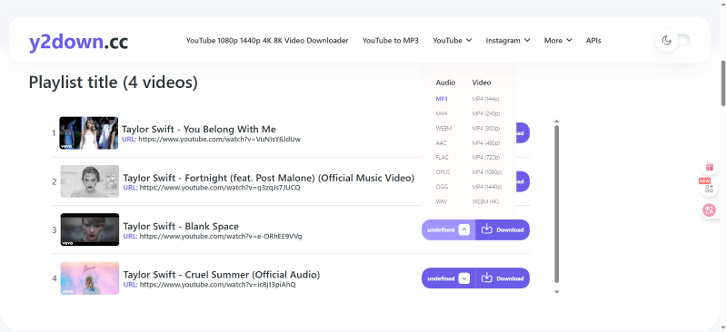 y2down.cc Download Playlist Interface
