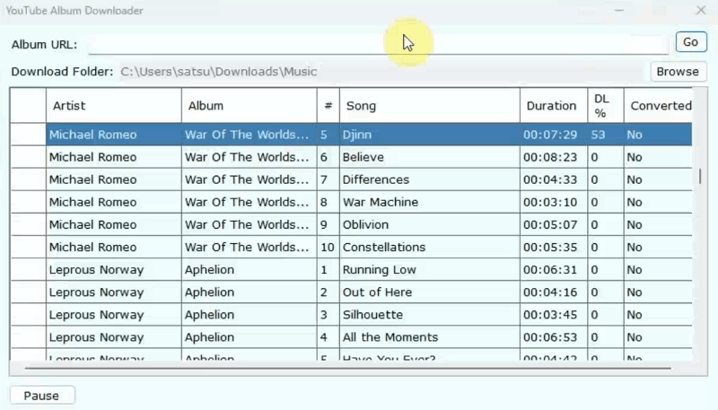 YouTube Album Downloader Interface