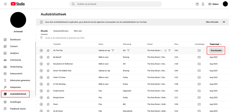 YouTube Studio Audiobibliotheek