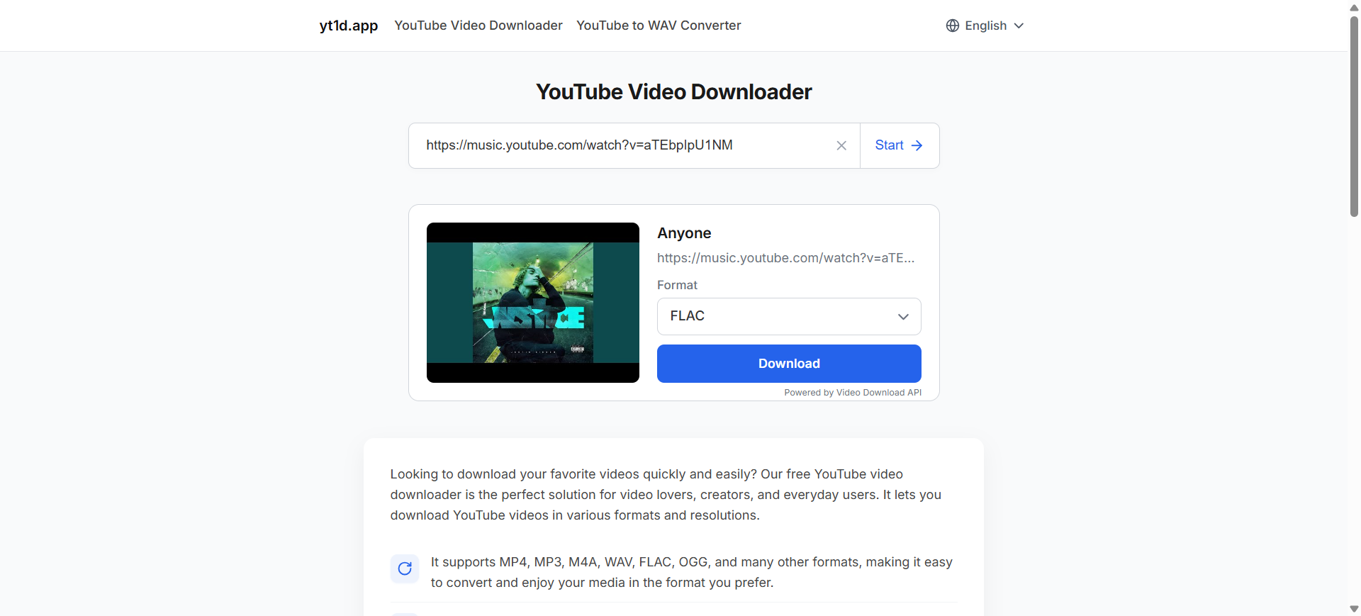 Convert YouTube Music to FLAC with yt1d.app