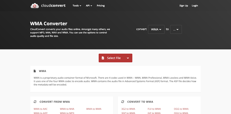 Converta arquivos WMA com o conversor CloudConvert WMV