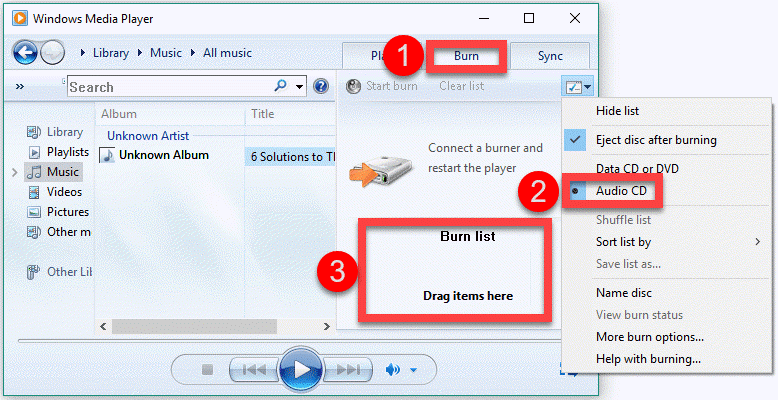 Запись компакт-диска с помощью проигрывателя Windows Media