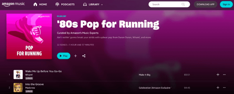 Pop anni '80 per l'esecuzione di playlist su Amazon Music