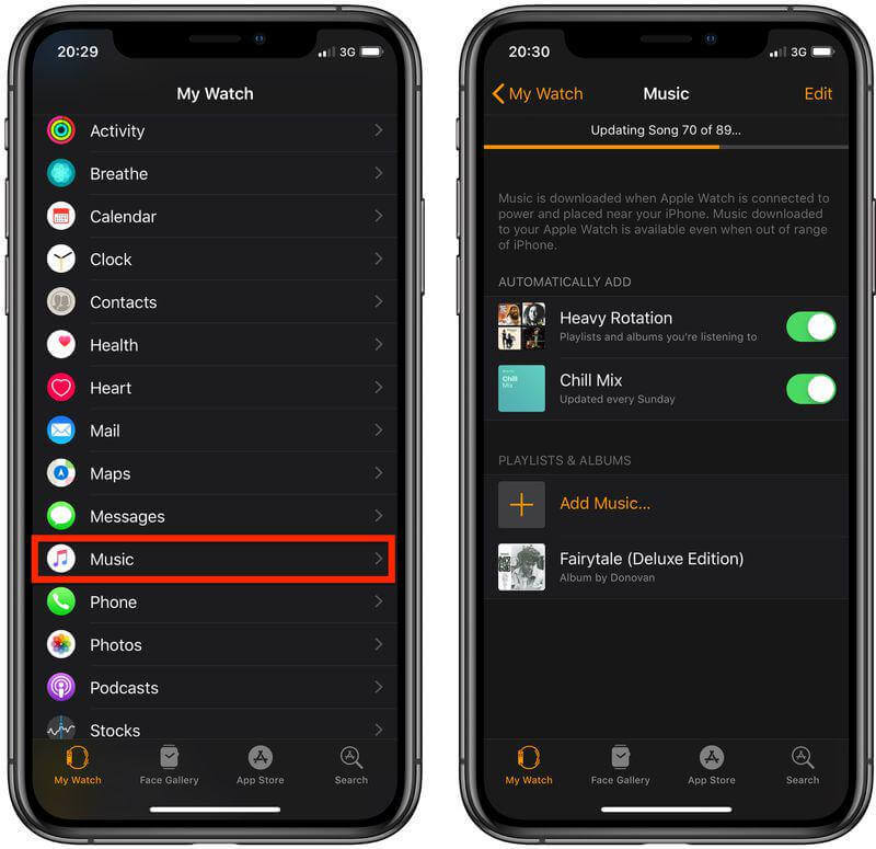 Adicionar música ao Apple Watch com o iPhone