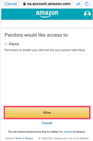 Pandora가 Alexa와 연결하도록 허용