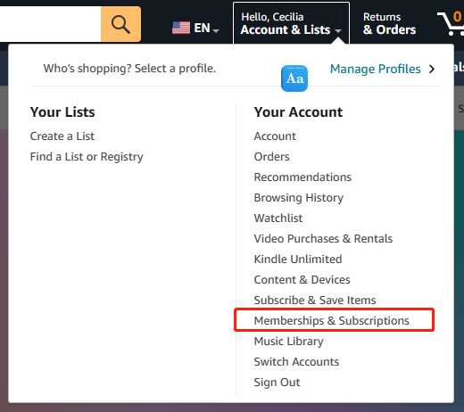 Войдите в веб-плеер Amazon, чтобы отменить подписку