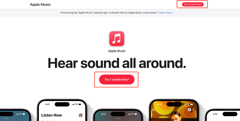 Página inicial da Web da Apple Music