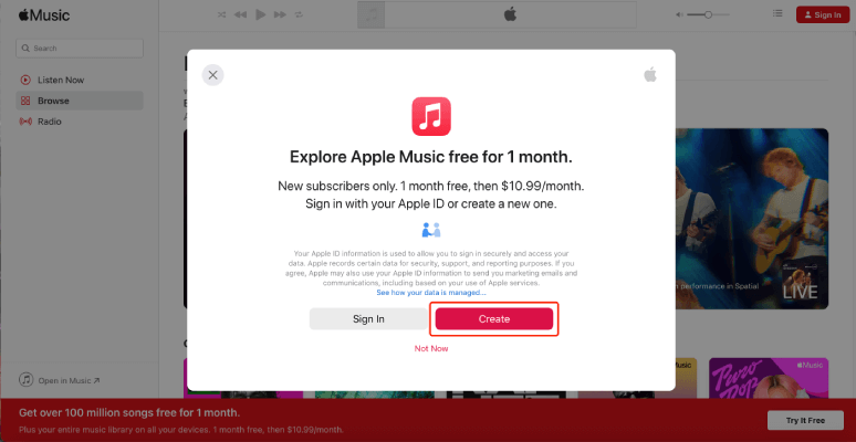 Criar nova conta no Apple Music Web