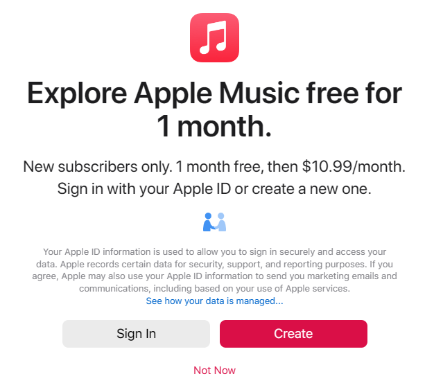 Finestra di accesso di Apple Music Web Player