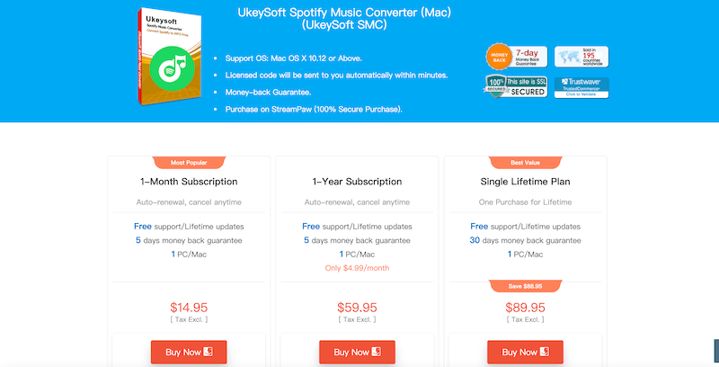 Ukeysoft Spotify Music Converter 的定价计划