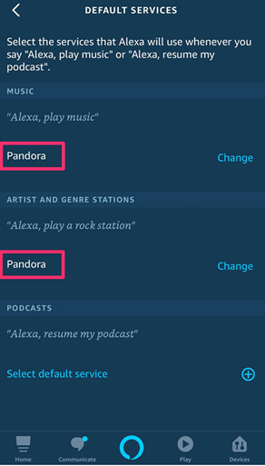将默认音乐更改为 Pandora