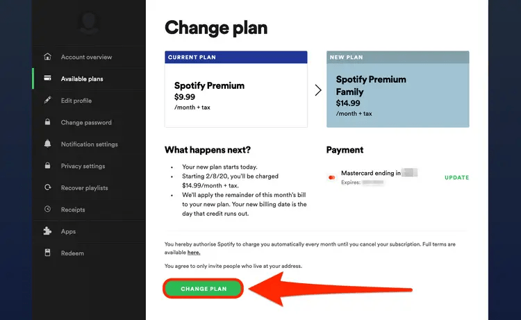 更改 Spotify 家庭计划