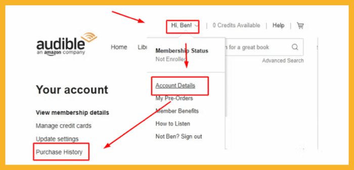 Verifique el historial de compras en Audible