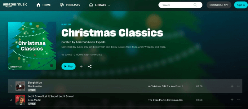 Lista de reprodução de clássicos de Natal na Amazon Music