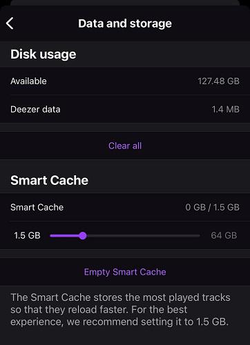 Limpe o cache do aplicativo Deezer no telefone