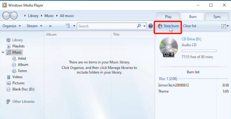 在 Windows Media Player 中将 Apple Music 刻录到 CD