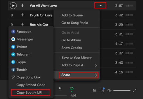 Copia il collegamento del brano in Spotify