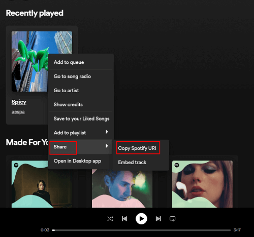 Copie o URL da música do Spotify