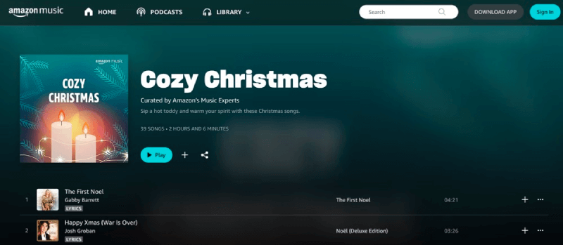 Lista de reprodução de Natal aconchegante na Amazon Music