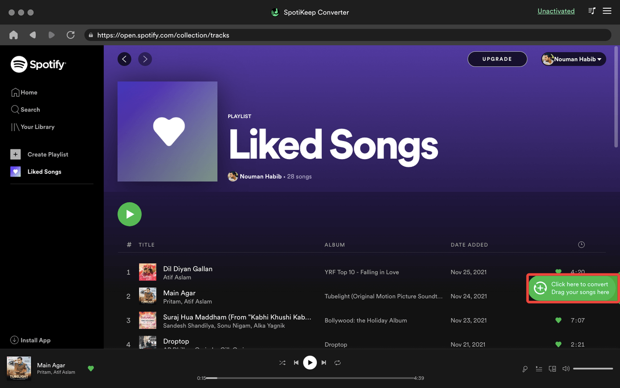 Перетащите выбранные песни Spotify для преобразования