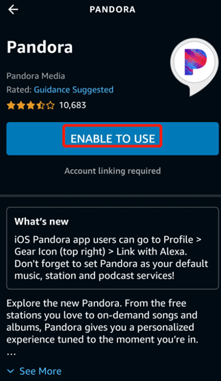 Alexa 앱에서 Pandora 사용 가능