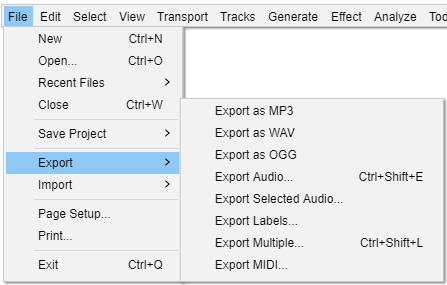 Экспорт записи Spotify в формате MP3 в Audacity